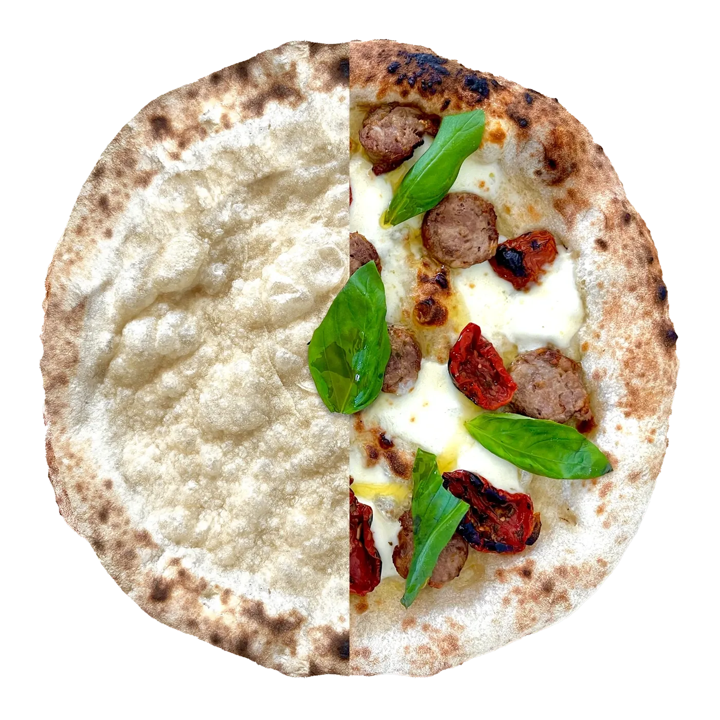 Fermento Pizzaboden – links unbelegt, rechts belegt mit Salsiccia, Tomaten und Basilikum